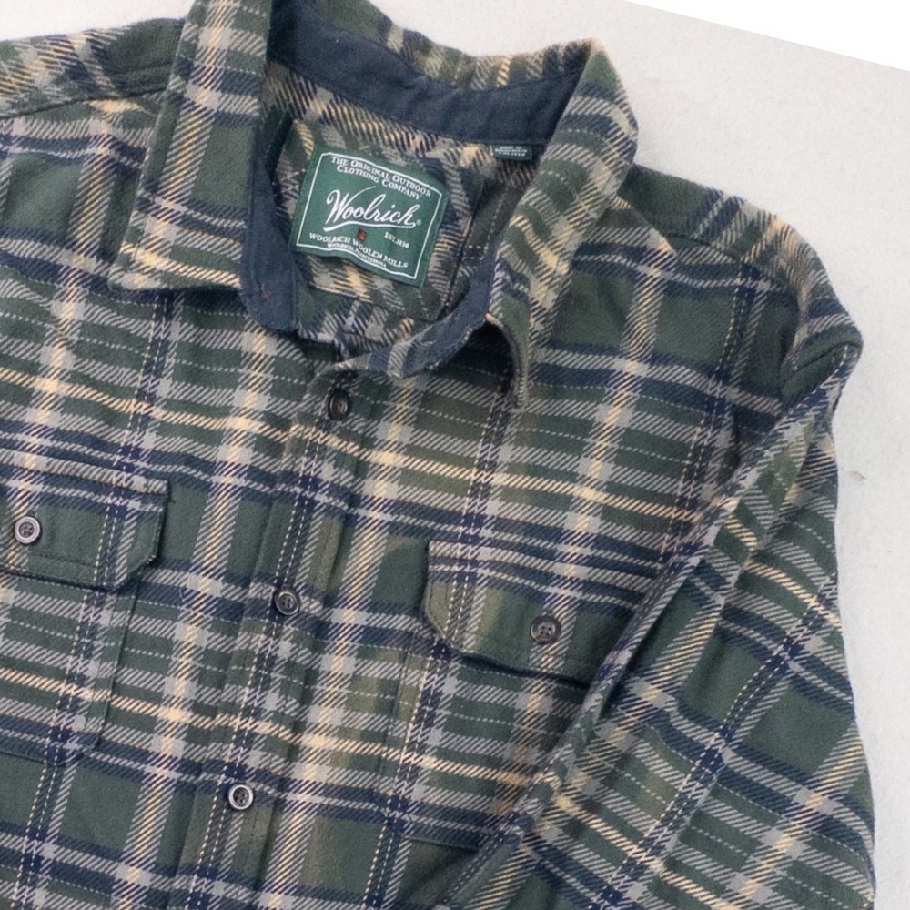 Woolrich Mens XXL Green Blue Plaid Cotton Flannel Button Down Shirt Long Sleeve